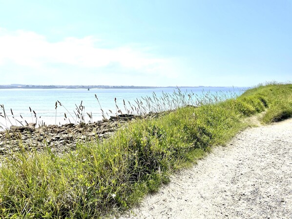 A coastal path with a dirt trail and grassy areas leading to the sea. - Villa LES TAMARIS pool 4 bed sea beach (Sibiril)