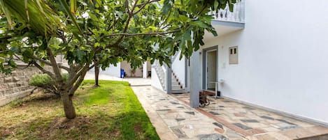 A courtyard with a tiled pathway leading to a staircase.