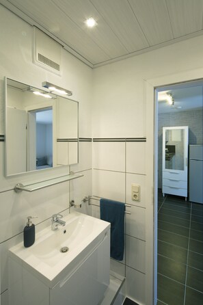 Chuveiro, secador de cabelo, toalhas de banho, sabonete