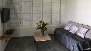 A room with a bed, a TV, a small table with a plant, and a window with wooden shutters.