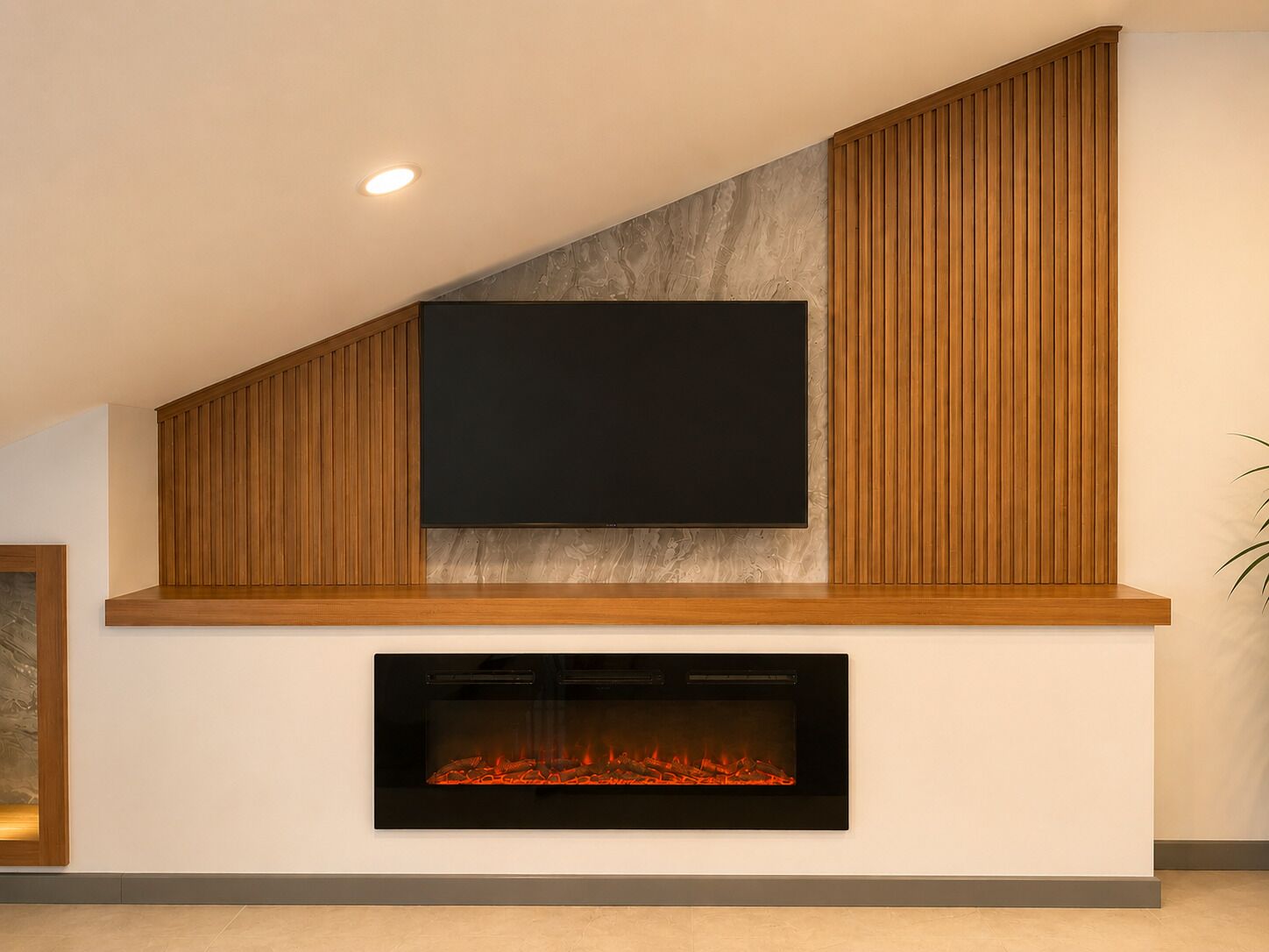 A modern living room with a fireplace, a mounted television, and wooden paneling.