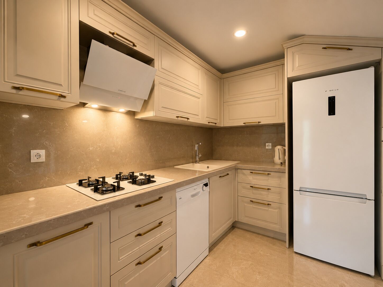A modern kitchen with white cabinetry, a built-in dishwasher, and a white refrigerator.