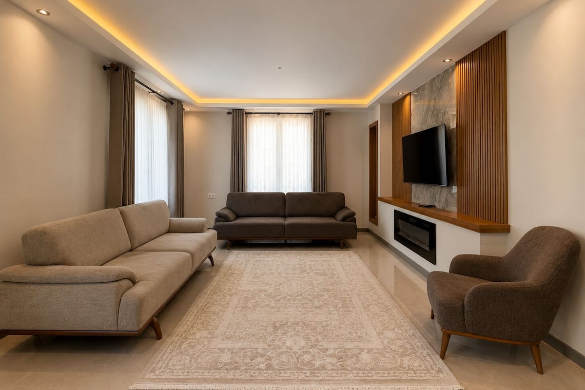 A modern living room with a sofa set, a coffee table, a flat-screen TV mounted on a wooden panel, and a patterned rug.