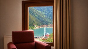 A room with a red chair, a view of a lake, and a mountain.