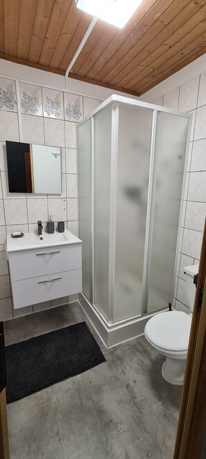 Shower, towels, soap, toilet paper