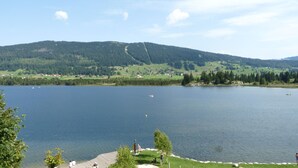 A lake with boats, a forested mountain in the background, and a grassy area with people and trees in the foreground. - Magnifique Studio de 20m2 Pour 1 à 4 Personnes (Les Rousses)