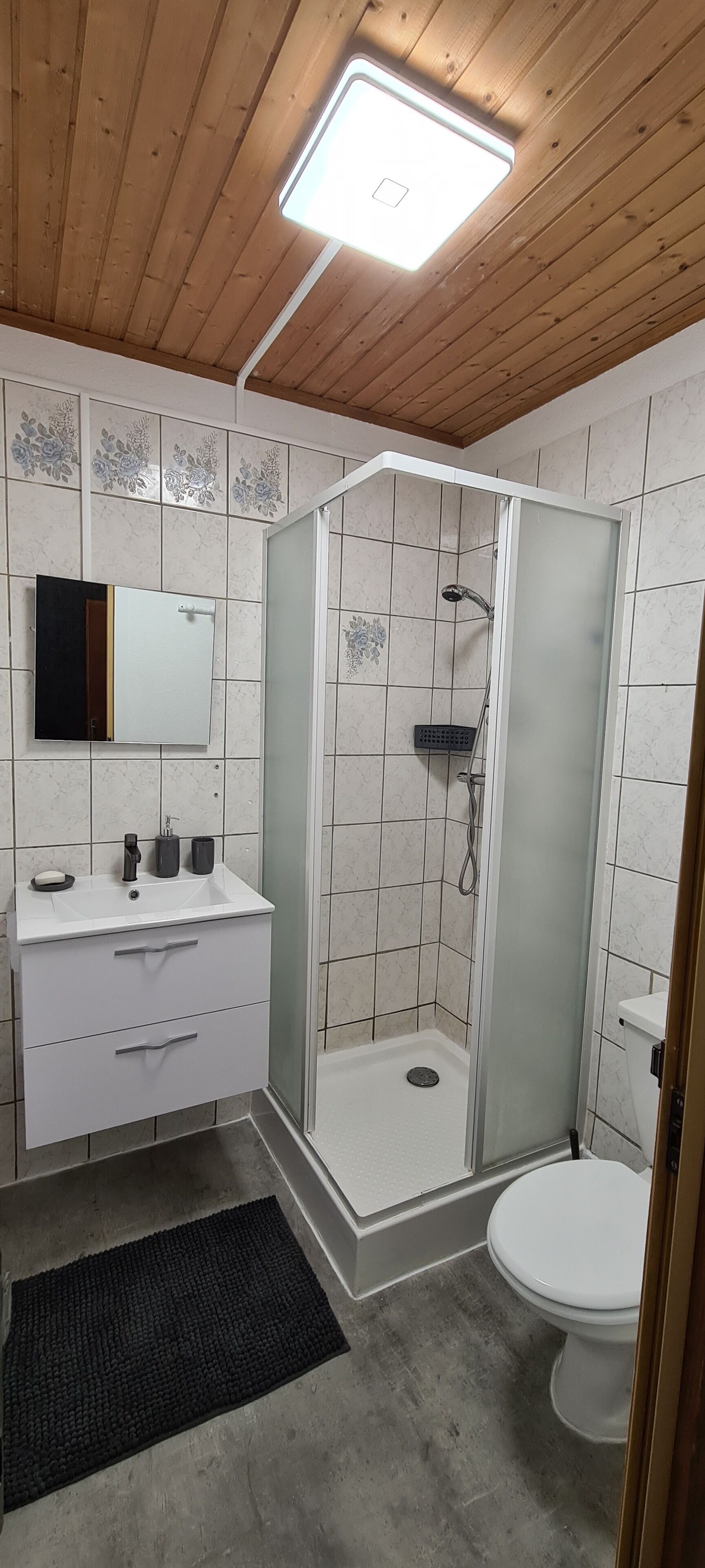 A bathroom with a shower, toilet, sink, and mirror.