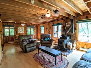 Una Smart TV, una chimenea, un reproductor de DVD, un futbolín