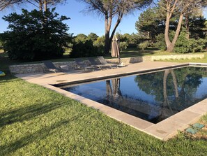 Ein rechteckiger Pool mit Steinumrandung, umgeben von einer Rasenfläche und Bäumen.