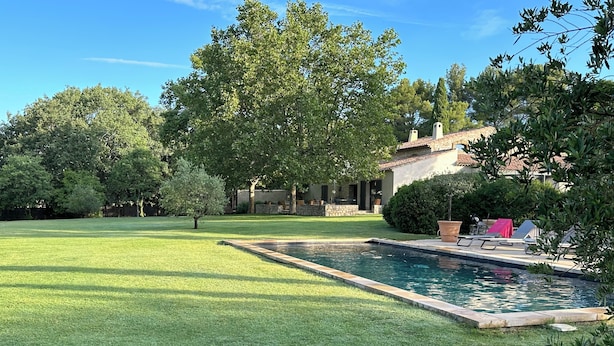 A well-maintained lawn with a swimming pool, surrounded by trees and a house with a patio.
