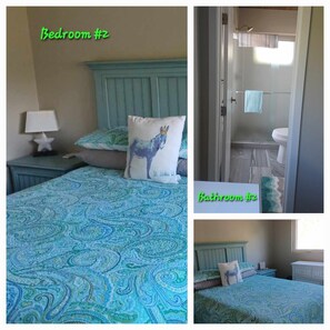 Cozy retreat with a bed, nightstand, and bathroom featuring a shower, sink, and toilet.