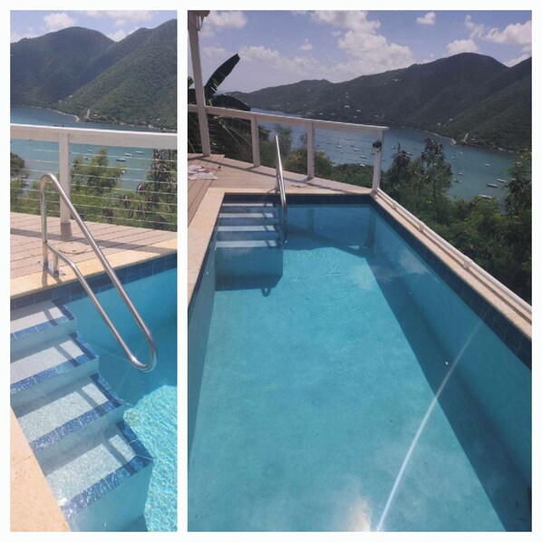 Relax by the pool with a breathtaking view of the surrounding mountains and water.