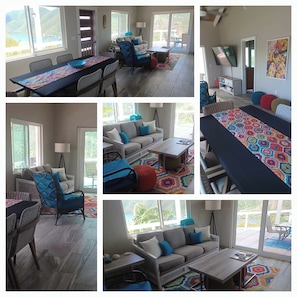 Enjoy meals and relaxation in this spacious living area with a long dining table and comfortable seating.