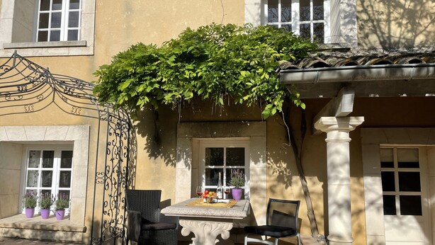 An outdoor patio with a table and chairs, surrounded by potted plants and a decorative metal fence. - Paradis de Provence (Le Pin)