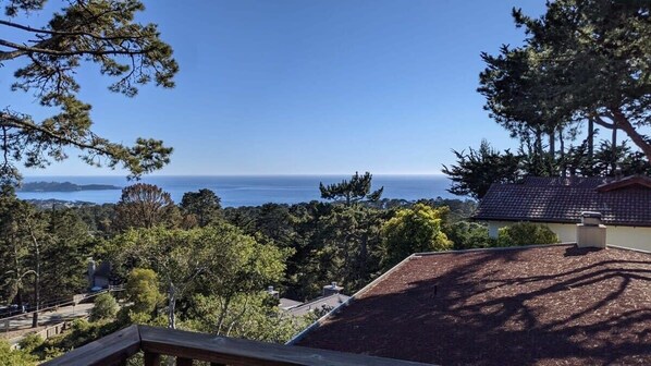 A view from a balcony overlooking a coastal landscape with trees and a clear sky.