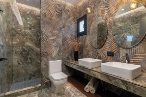 Combined shower/bathtub, hair dryer, towels, soap