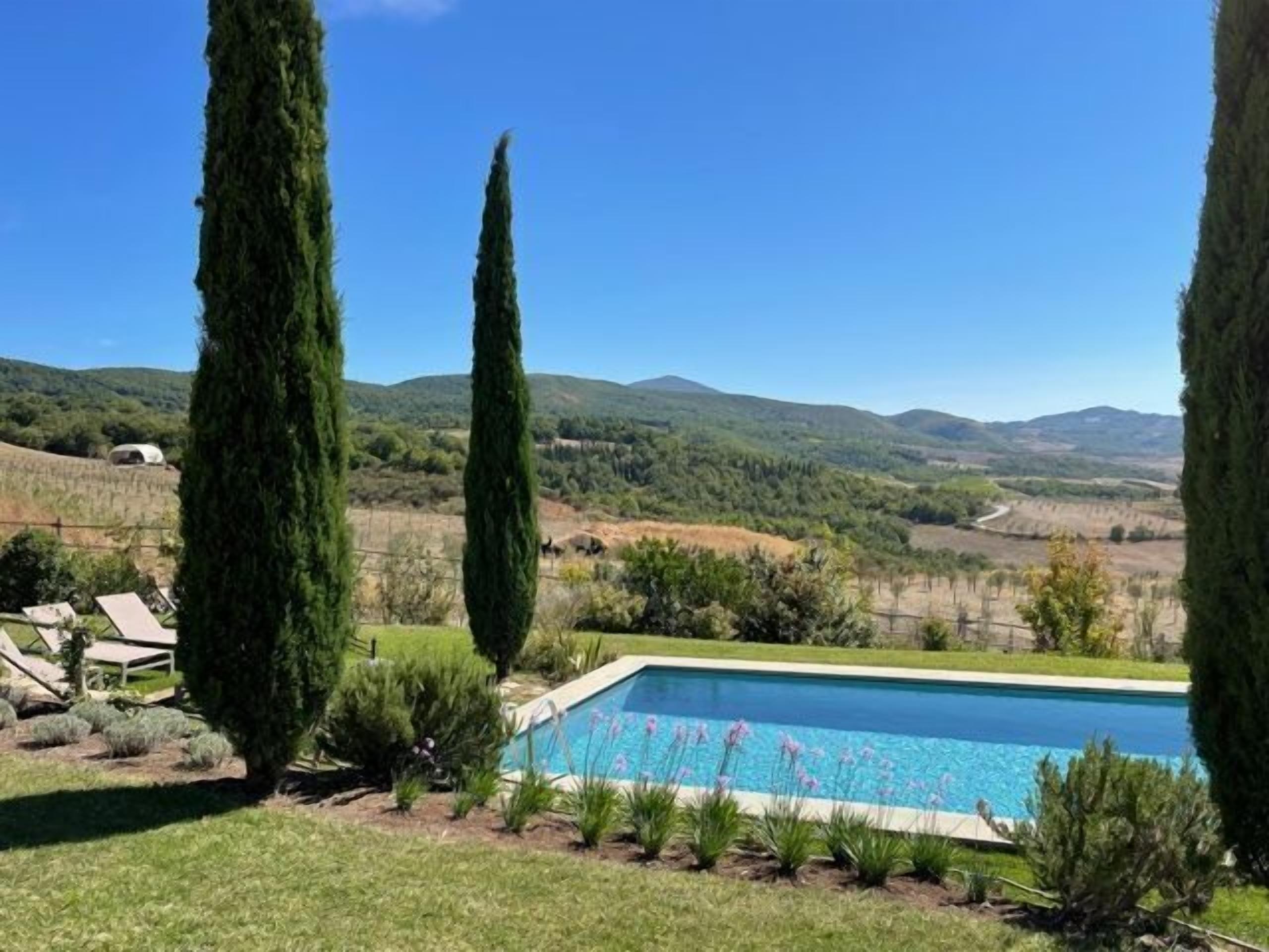 A swimming pool surrounded by tall cypress trees, with a view of rolling hills and a clear sky.