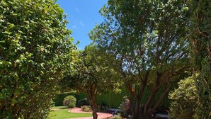 A landscaped garden with a curved red pathway, surrounded by various trees and shrubs. - Finca Engracia Tranquilidad, Comodidad y Descanso (Cudillero)