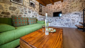 Una habitación acogedora con un sofá verde, una mesa de centro de madera y paredes de piedra.
