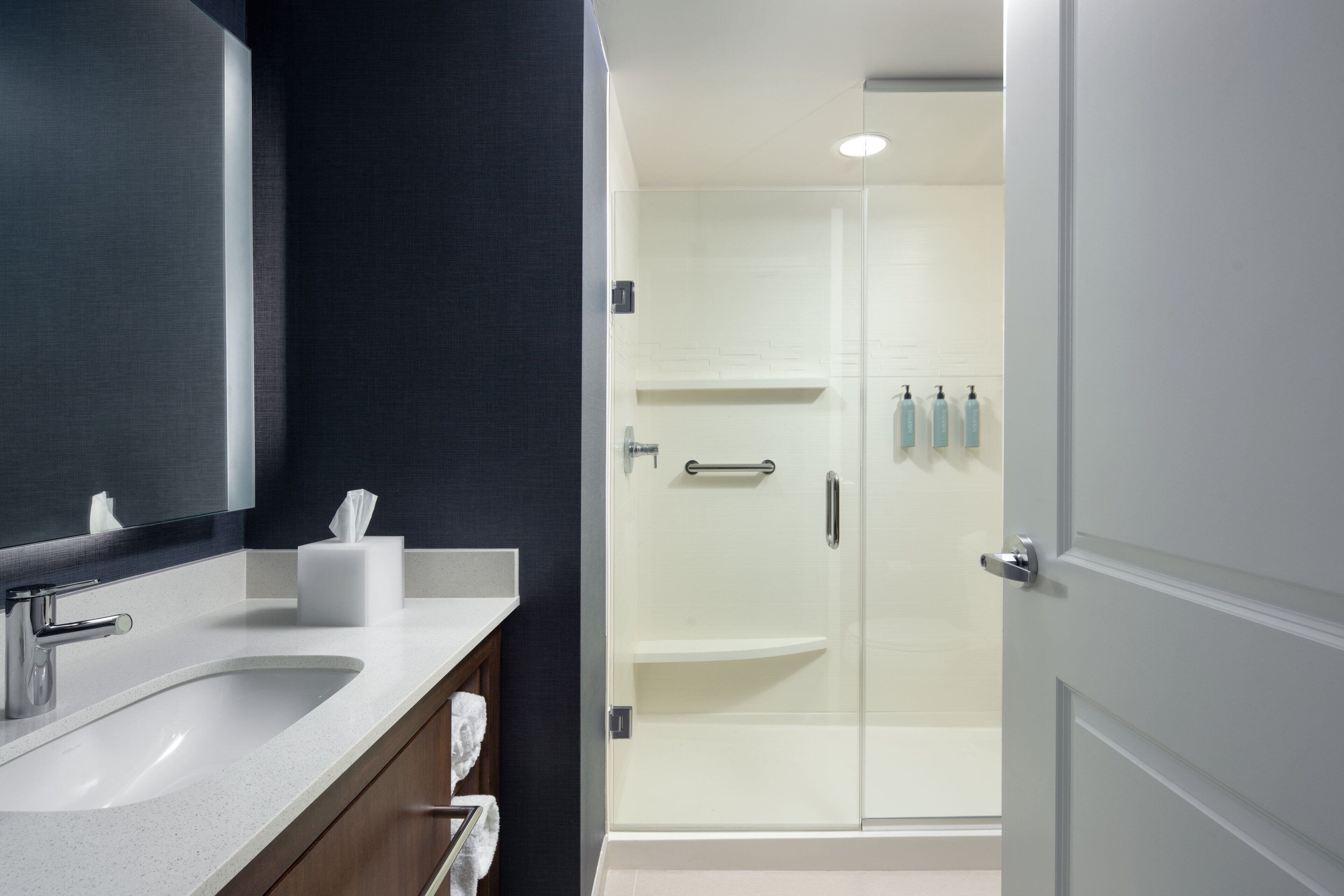 A modern bathroom with a dual sink vanity, a large mirror, and a glass-enclosed shower area.