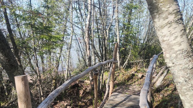 A wooden bridge with railings in a forested area. - Private Lake Superior Beachfront Retreat on 200 Acres (South Range)