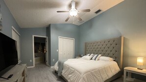 A bedroom with a large bed, a ceiling fan, a TV, and a nightstand with a lamp.