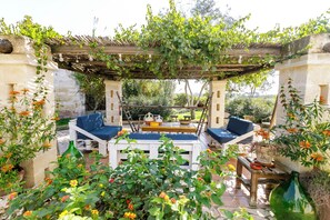 Een overdekt terras met twee blauwe fauteuils en een tafel, omgeven door planten en bloemen.