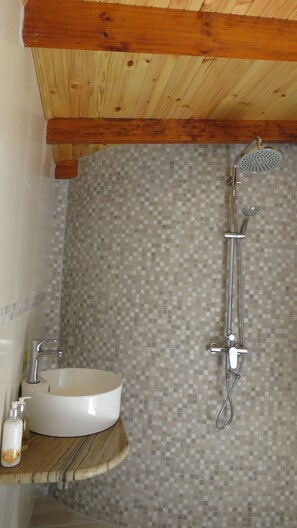 Shower, eco-friendly toiletries, hair dryer, towels