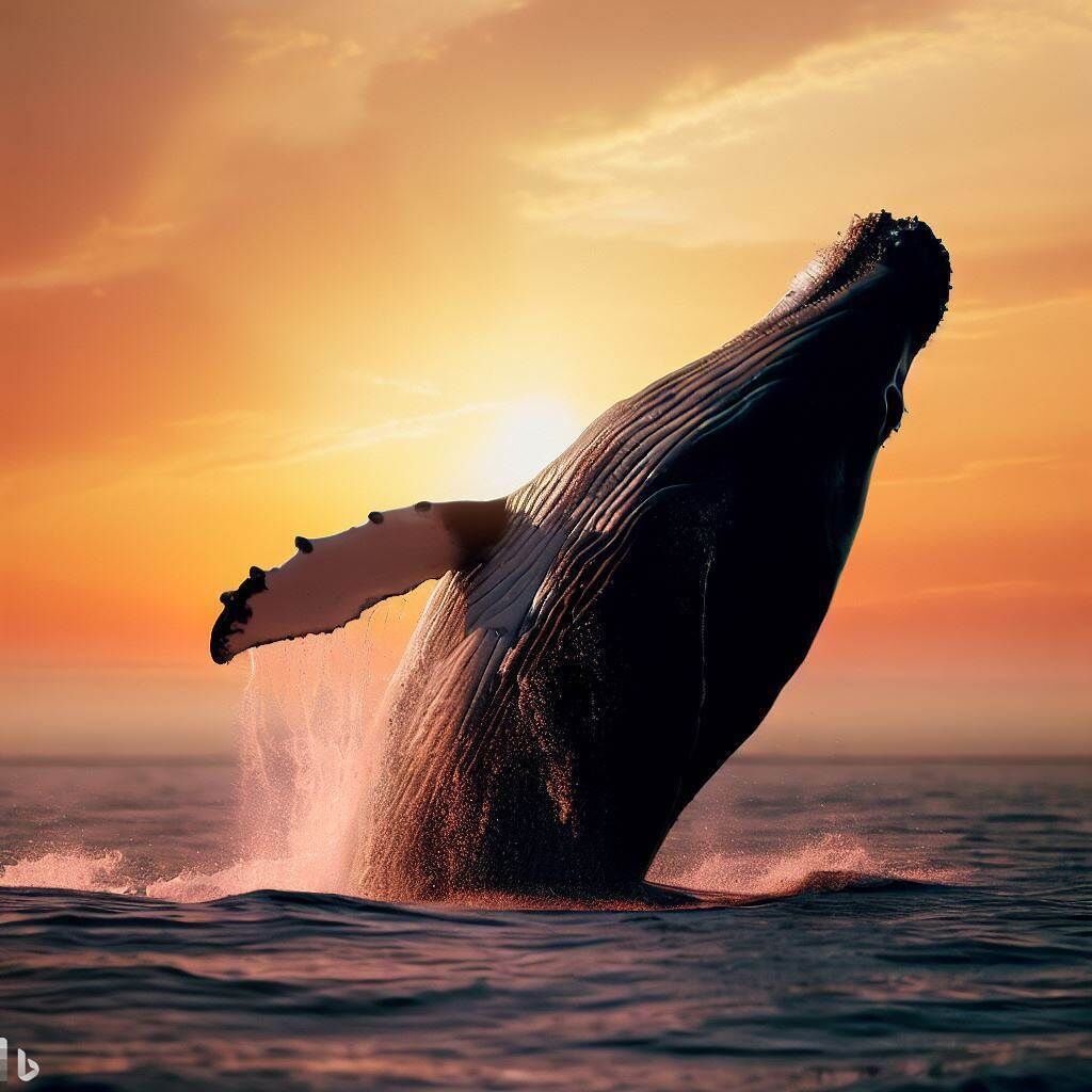 Una ballena rompiendo la superficie del agua con una mano humana extendida, frente a una puesta de sol sobre el océano.