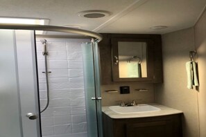 Shower, towels, toilet paper