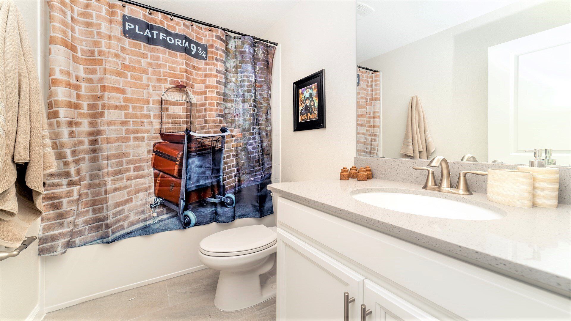 A bathroom with a brick-patterned shower curtain, a toilet, a sink with a mirror, and a framed picture on the wall.