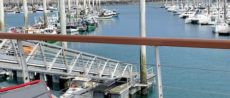 Uma marina com barcos atracados, guarda-corpo de metal e uma mesa com uma cadeira.