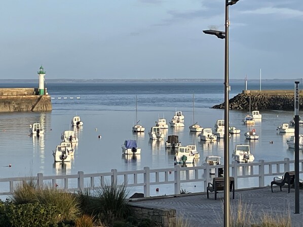 Een haven met aangemeerde boten, een vuurtoren en een promenade met bankjes.