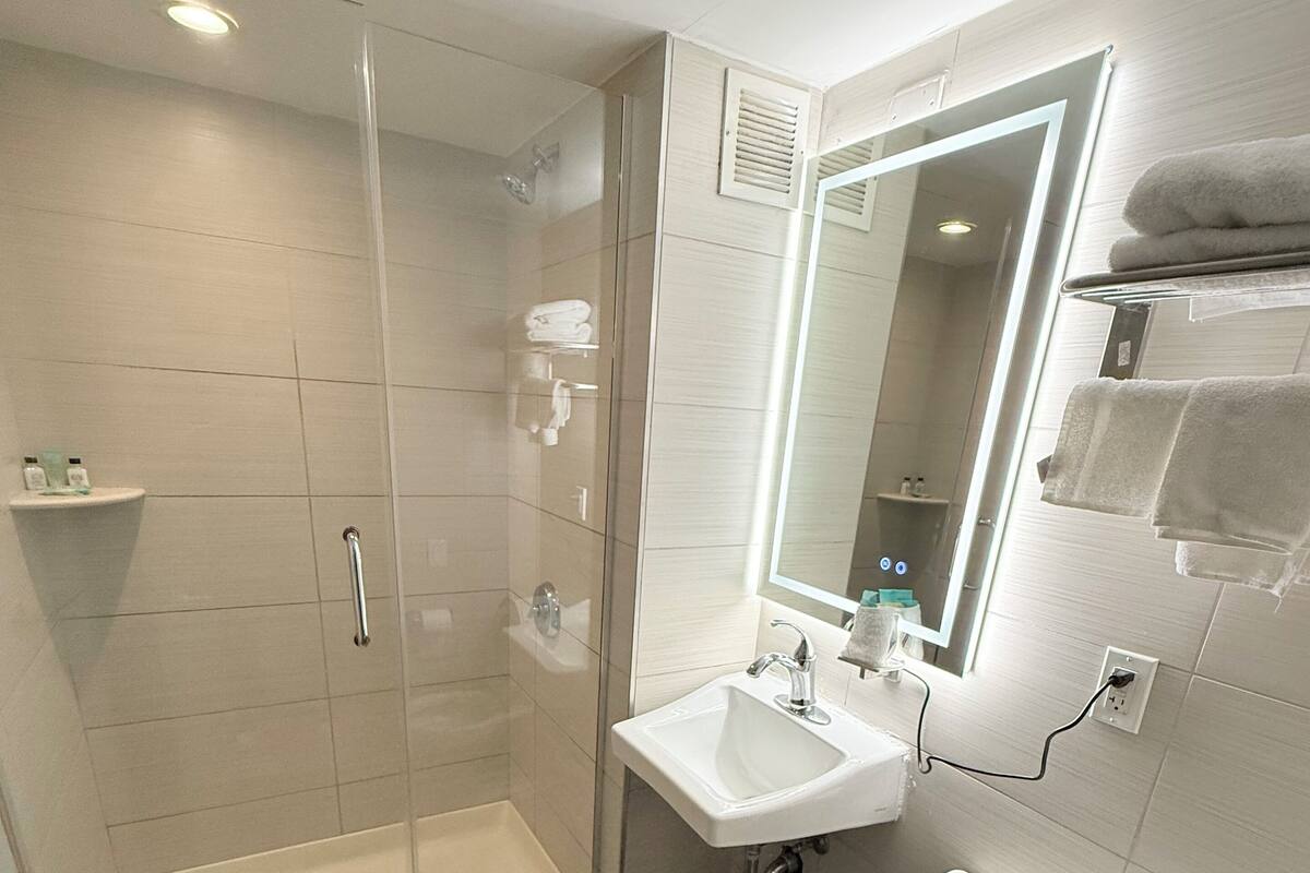 Shower, towels, soap, shampoo