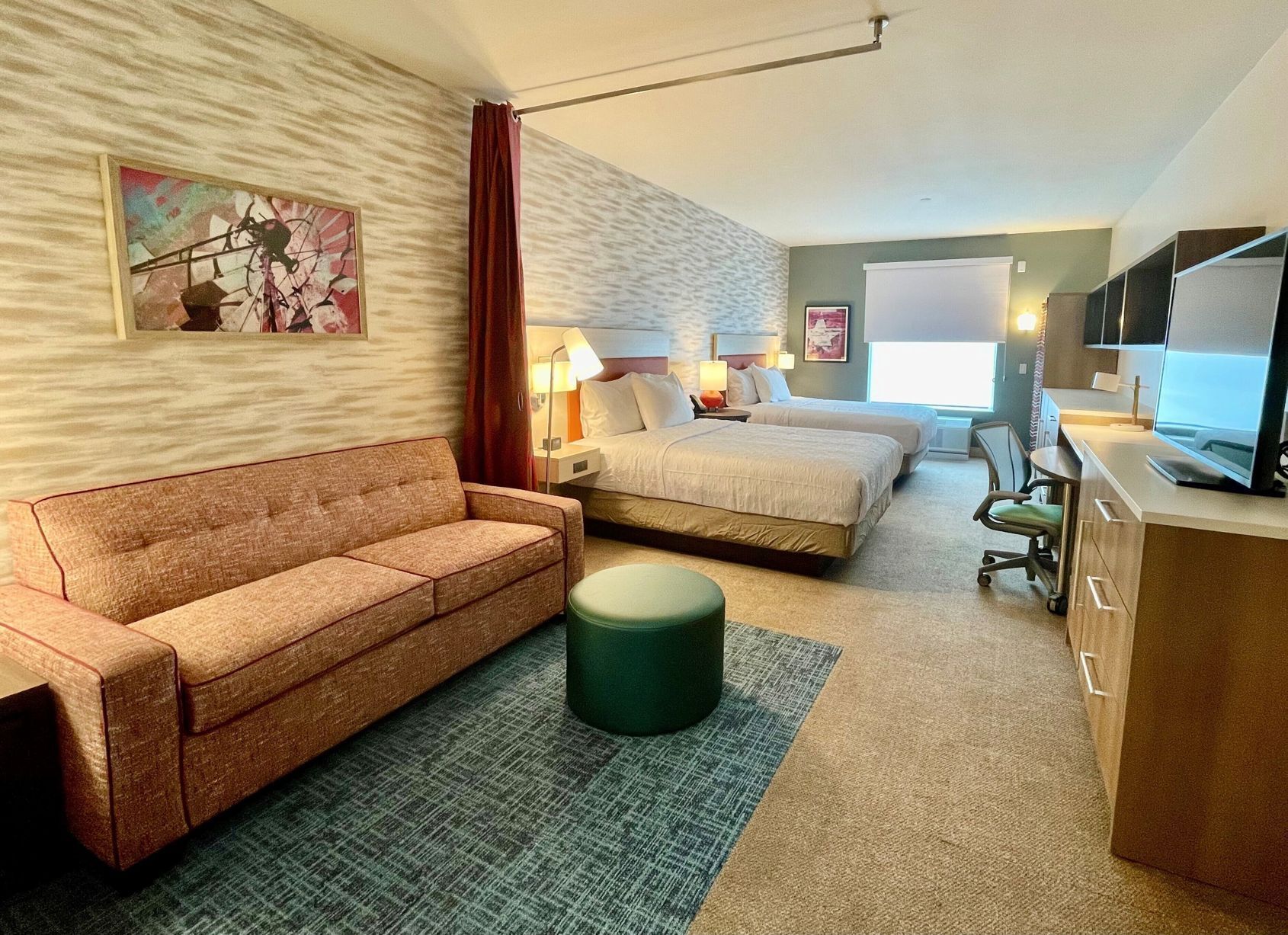 Premium bedding, Tempur-Pedic beds, desk, laptop workspace