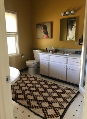 Een bad/douchecombinatie, een bidet