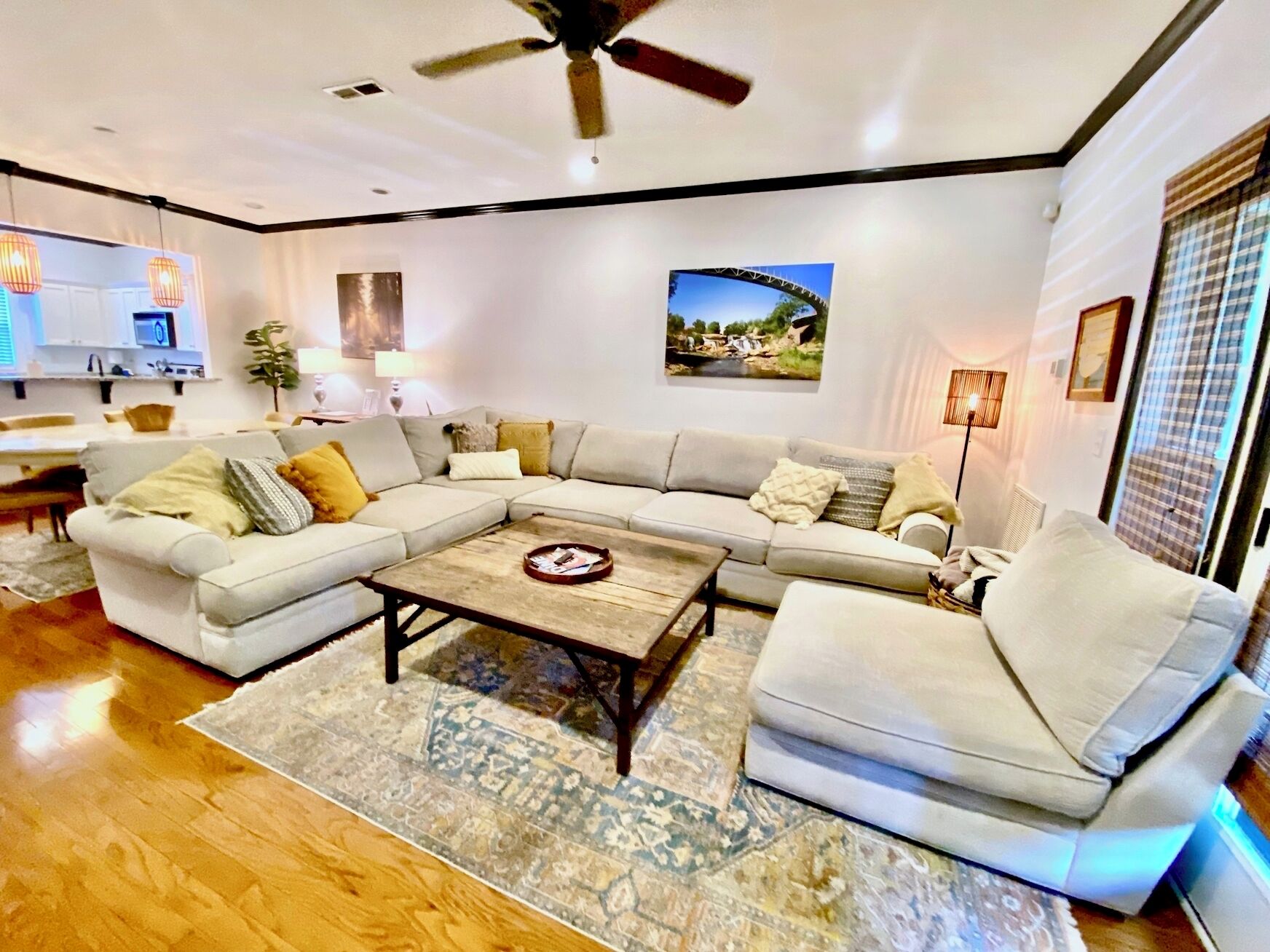 Smart TV, fireplace, books, printers