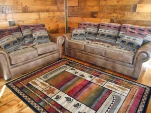 Interior - Post and beam cabin with bunk beds (Shirley Mills)