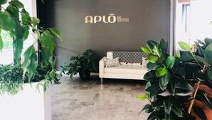 Un interior moderno con un sofá, plantas en macetas y una pared con el texto "APLO BED BREAKFAST AND MORE".