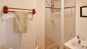 Un bagno con il water, un lavandino, una cabina doccia in vetro e un portasacchi.