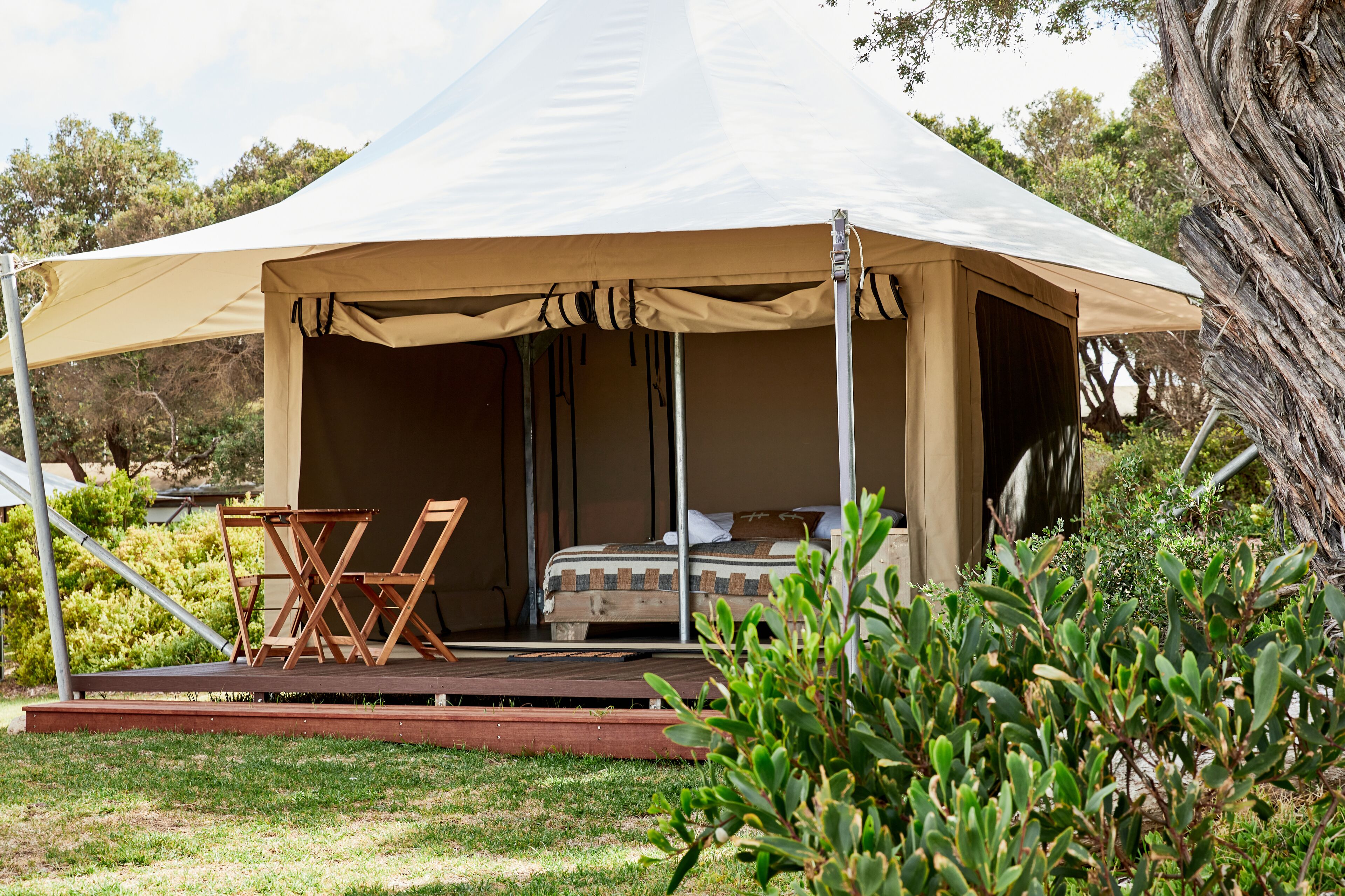 A tent with a bed and a table, surrounded by greenery.