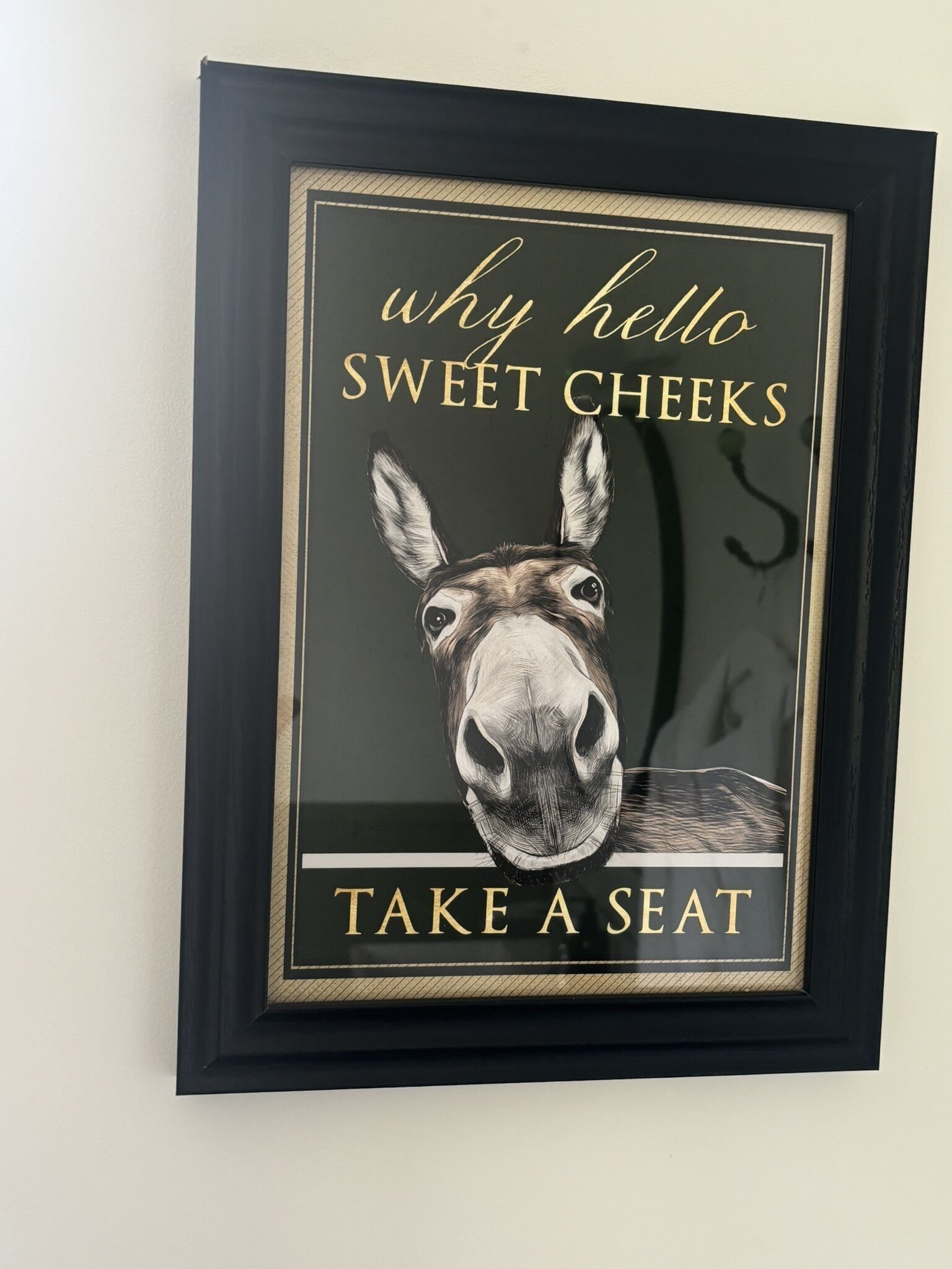 Una obra de arte enmarco con el rostro de un burro y texto.