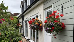 Une rangée de fenêtres à cadre blanc, ornées de jardinières suspendues.