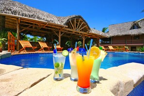 Outdoor pool, pool umbrellas, pool loungers