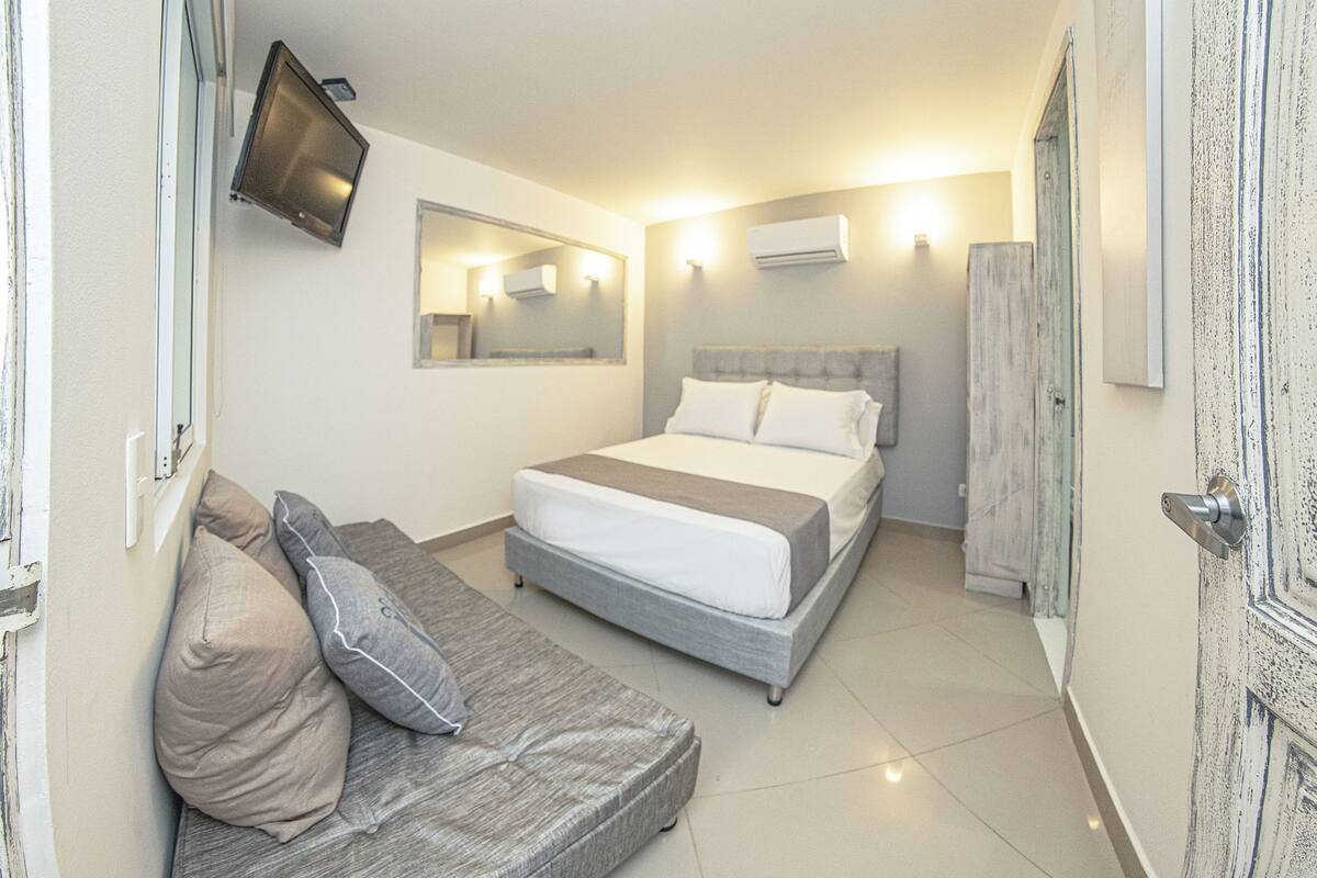 Een slaapkamer met een bed, een bank, een televisie en een airconditioning.