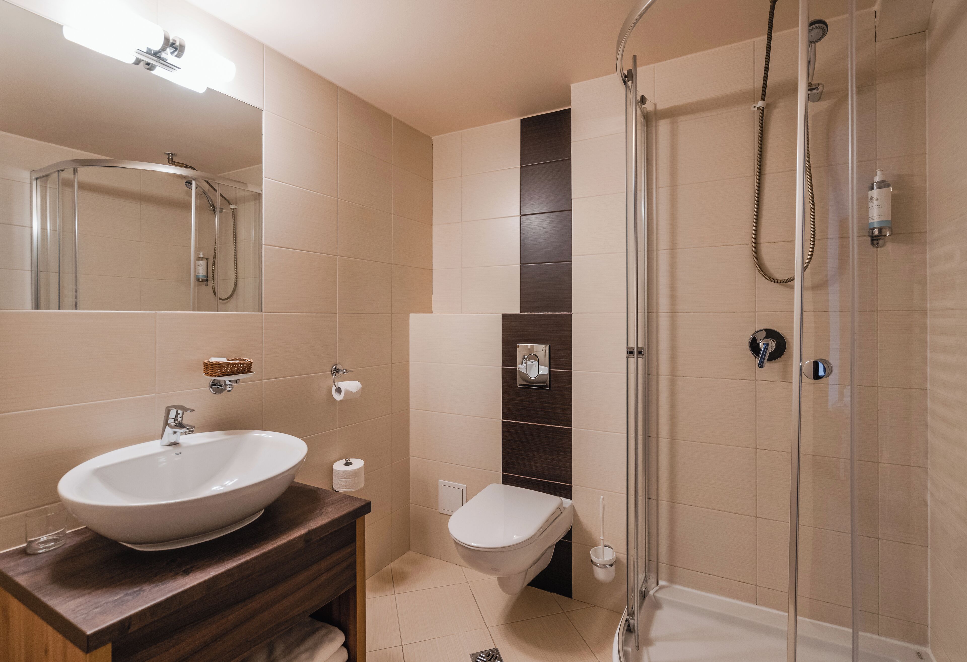 A modern bathroom with a large sink, a toilet, and a glass-enclosed shower.