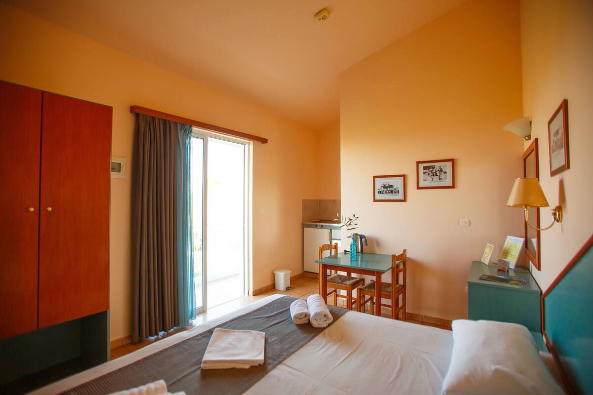 A hotel room with a bed, a desk, a chair, a wardrobe, and a small kitchenette.