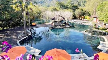 Outdoor pool, pool umbrellas, pool loungers