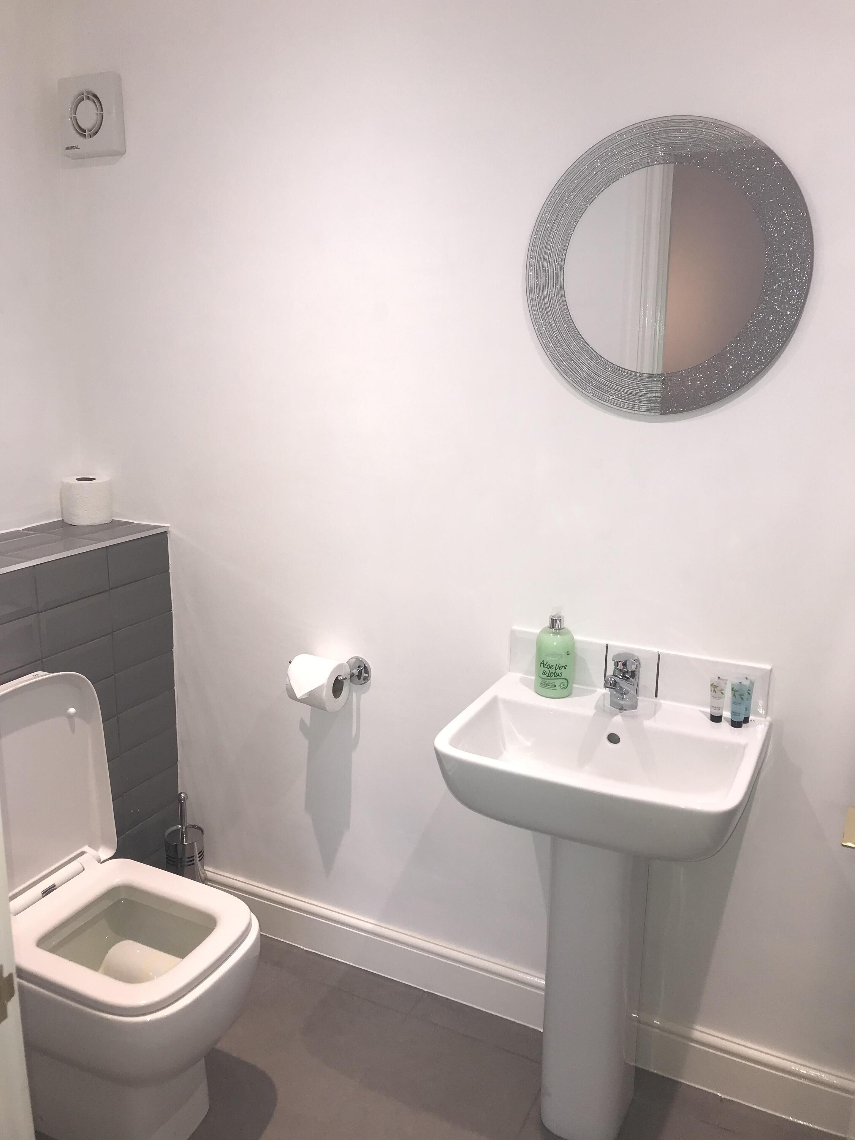 Une salle de bain avec des toilettes, un lavabo et un miroir.