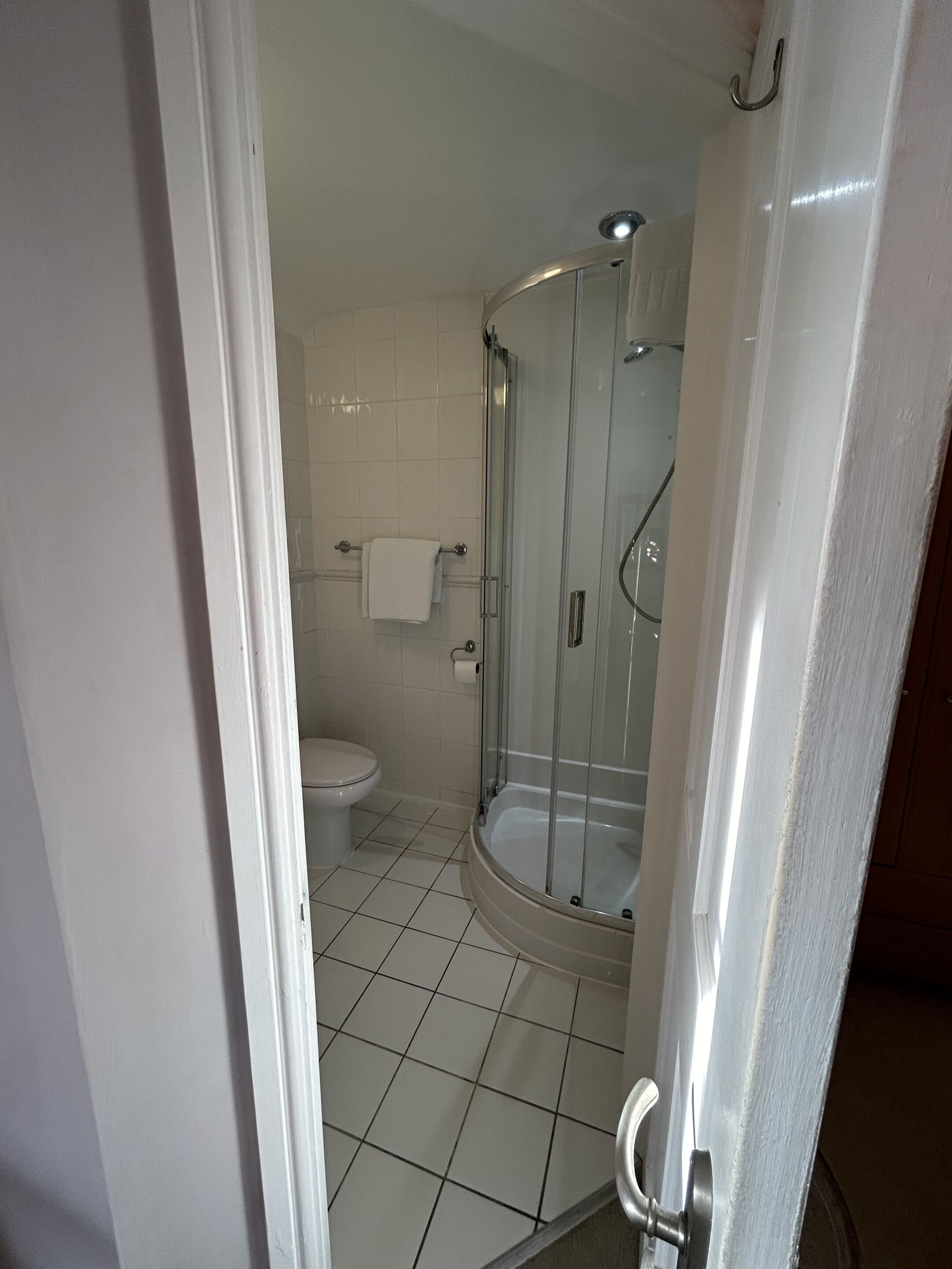 Une salle de bain avec une douche à parois de verre, des toilettes et un sol carrelé de carreaux blancs.